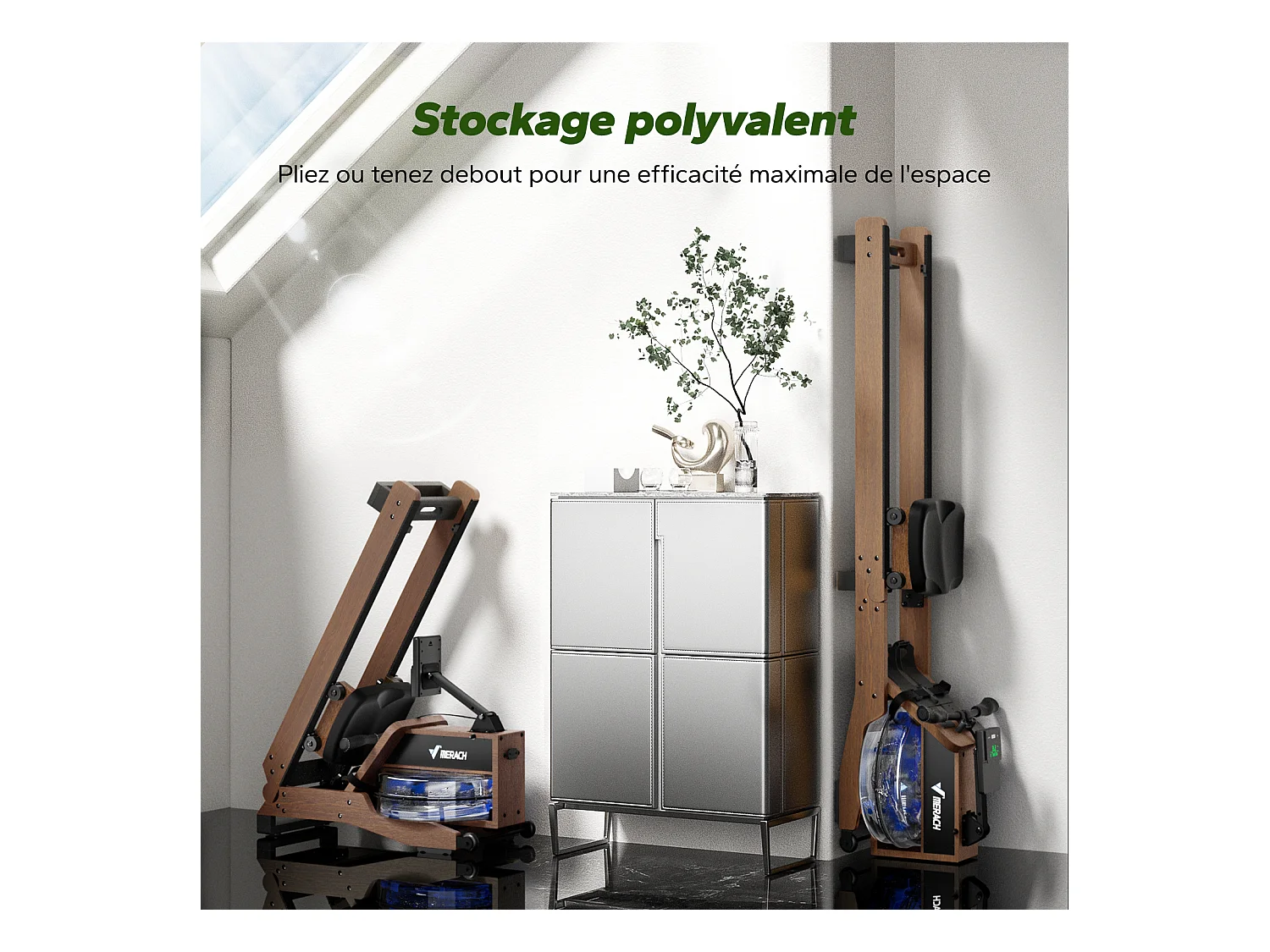 MERACH Wasserrudergerät Rot-Eichenholz – klappbar, Bluetooth-Display & Kinomap, verstellbare Halterung, vertikal verstaubar, bis 158 kg