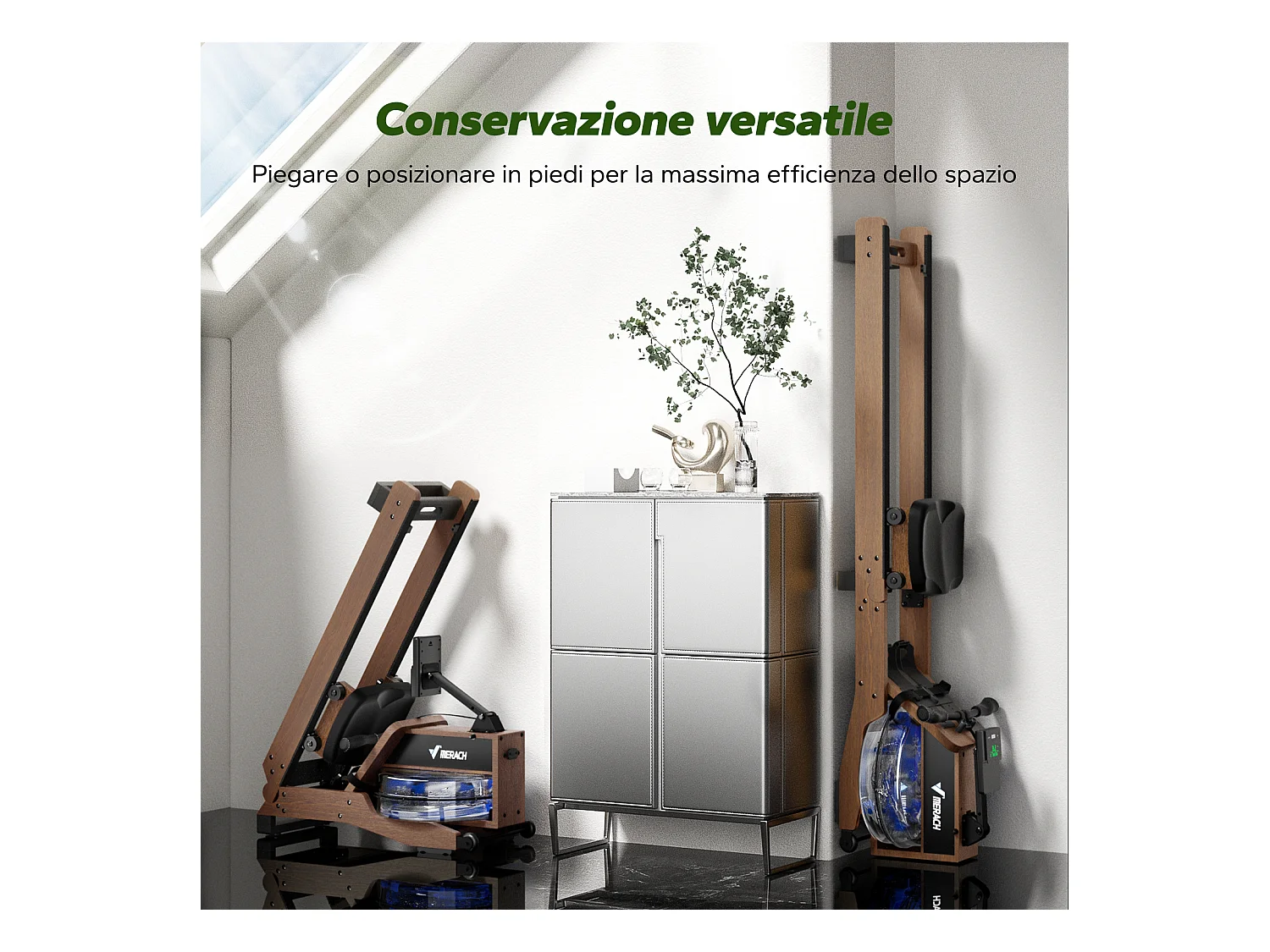 MERACH Wasserrudergerät Rot-Eichenholz – klappbar, Bluetooth-Display & Kinomap, verstellbare Halterung, vertikal verstaubar, bis 158 kg