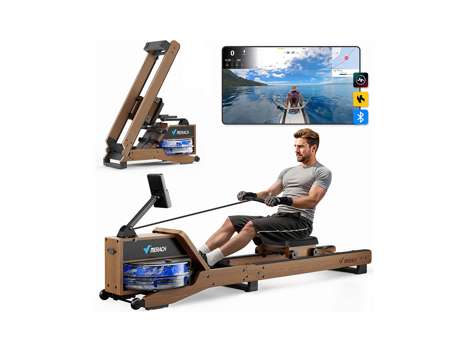 Vogatore ad acqua in legno Merach, 6 livelli di resistenza, schermo LCD, app connessa, serbatoio acqua 15L, regolazione manuale