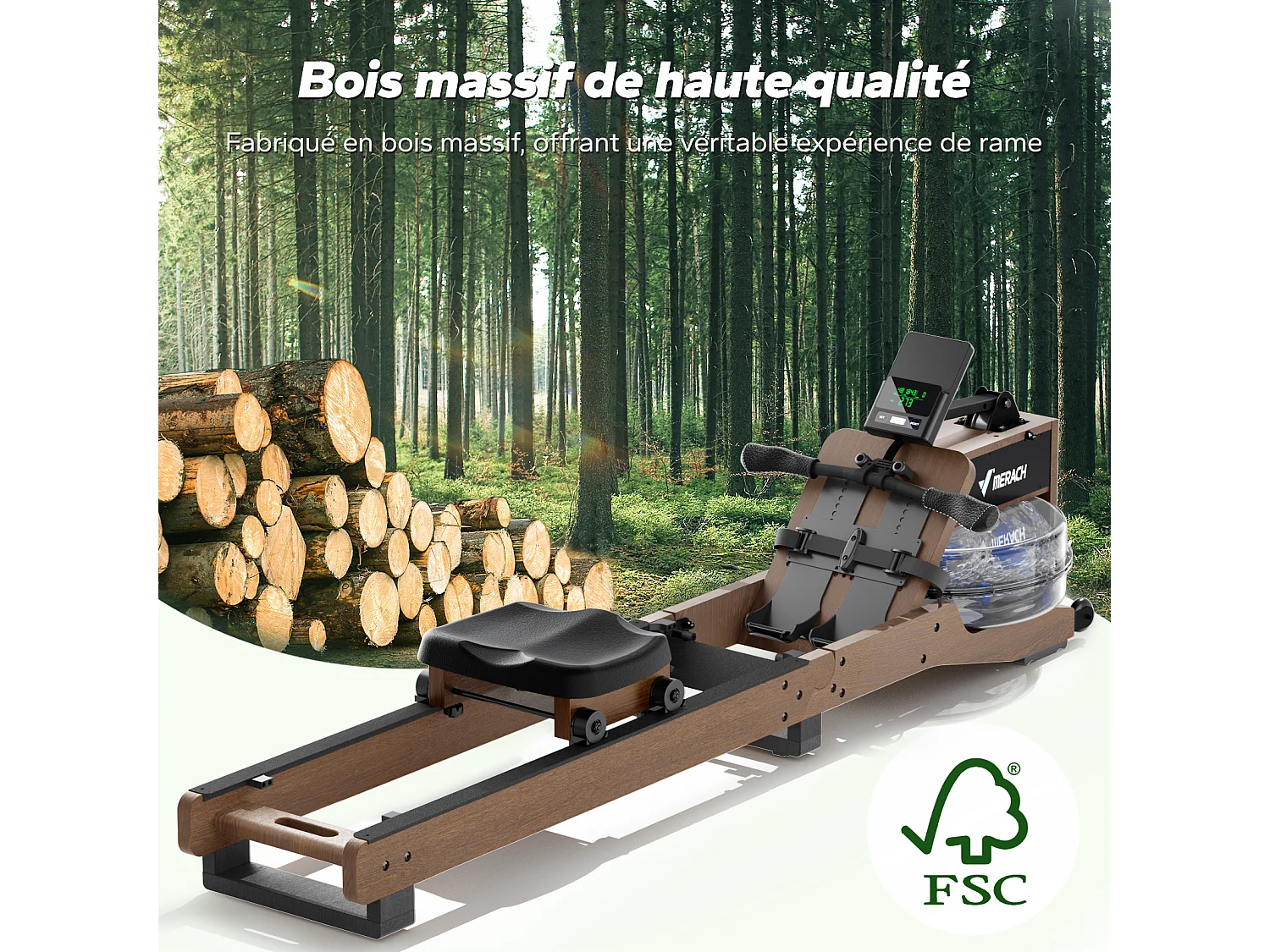 Rameur à eau pliable MERACH, 15 L, 6 repères de remplissage,  Connectivité APP, Ecran LCD, Max 150kg, Bois d'hévéa foncé