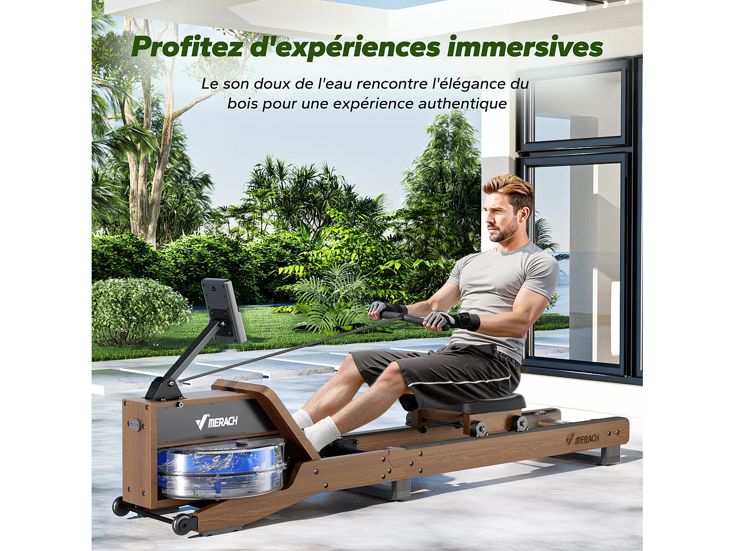 Rameur à eau pliable MERACH, 15 L, 6 repères de remplissage,  Connectivité APP, Ecran LCD, Max 150kg, Bois d'hévéa foncé