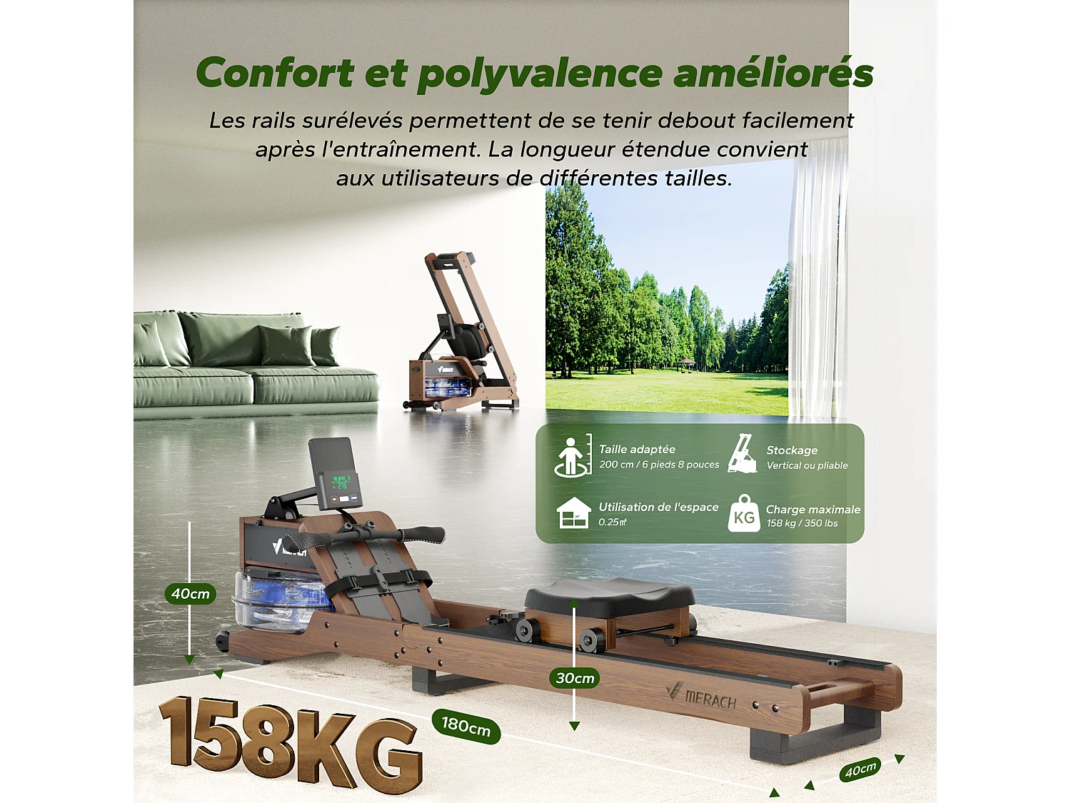 Rameur à eau pliable MERACH, 15 L, 6 repères de remplissage,  Connectivité APP, Ecran LCD, Max 150kg, Bois d'hévéa foncé