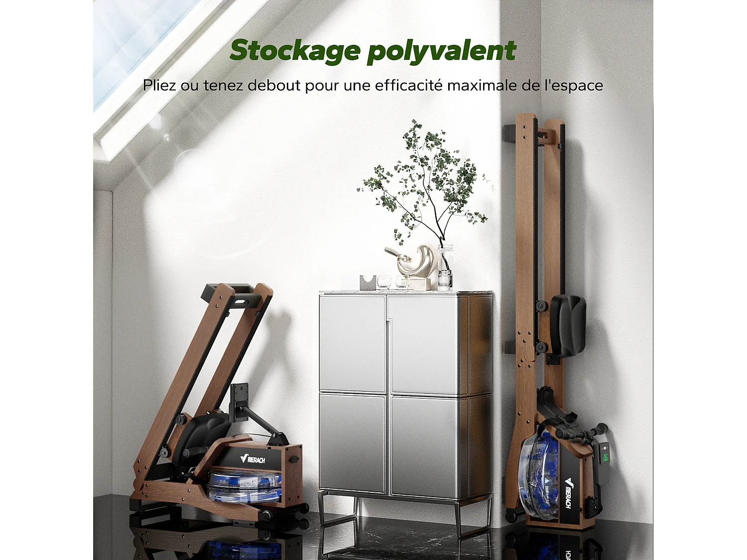 Rameur à eau pliable MERACH, 15 L, 6 repères de remplissage,  Connectivité APP, Ecran LCD, Max 150kg, Bois d'hévéa foncé