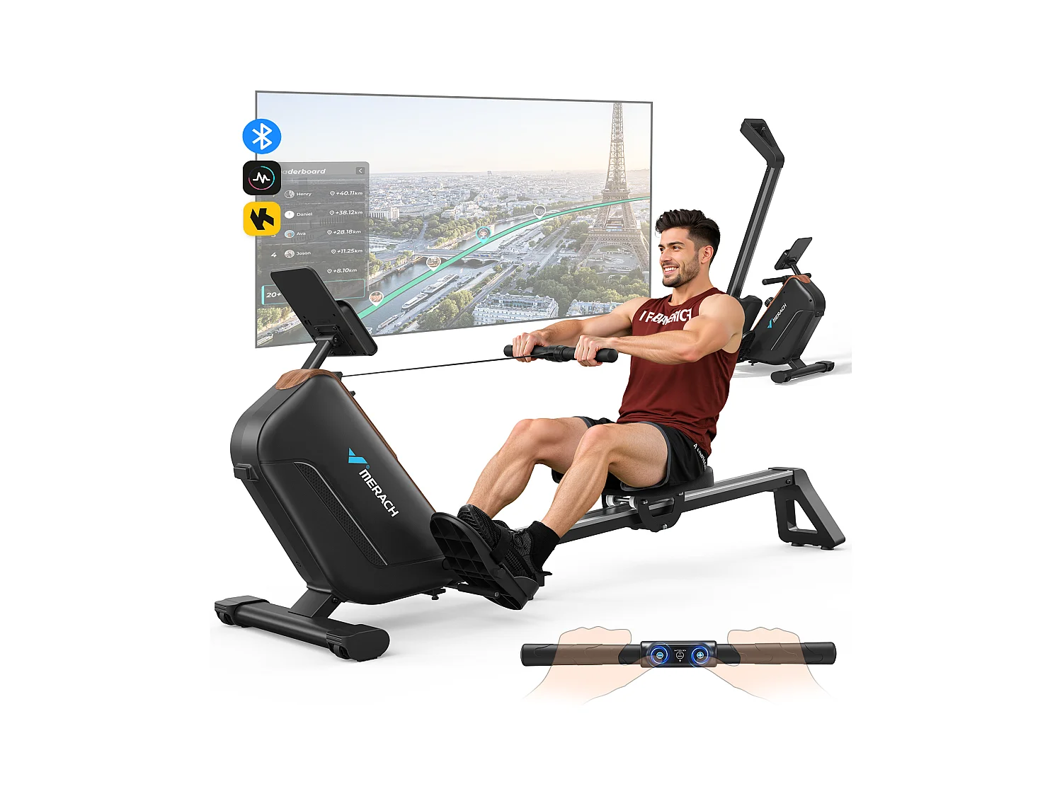 Rameur D'appartement - Merach, 16 Niveaux De Résistance Magnétique, Connecté App Zwift, Kinomap, Écran LCD, Max Charge 155 Kg