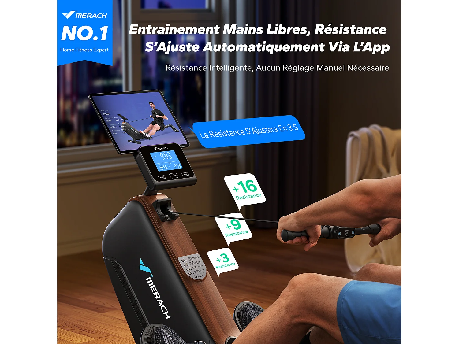 Rameur D'appartement - Merach, 16 Niveaux De Résistance Magnétique, Connecté App Zwift, Kinomap, Écran LCD, Max Charge 155 Kg