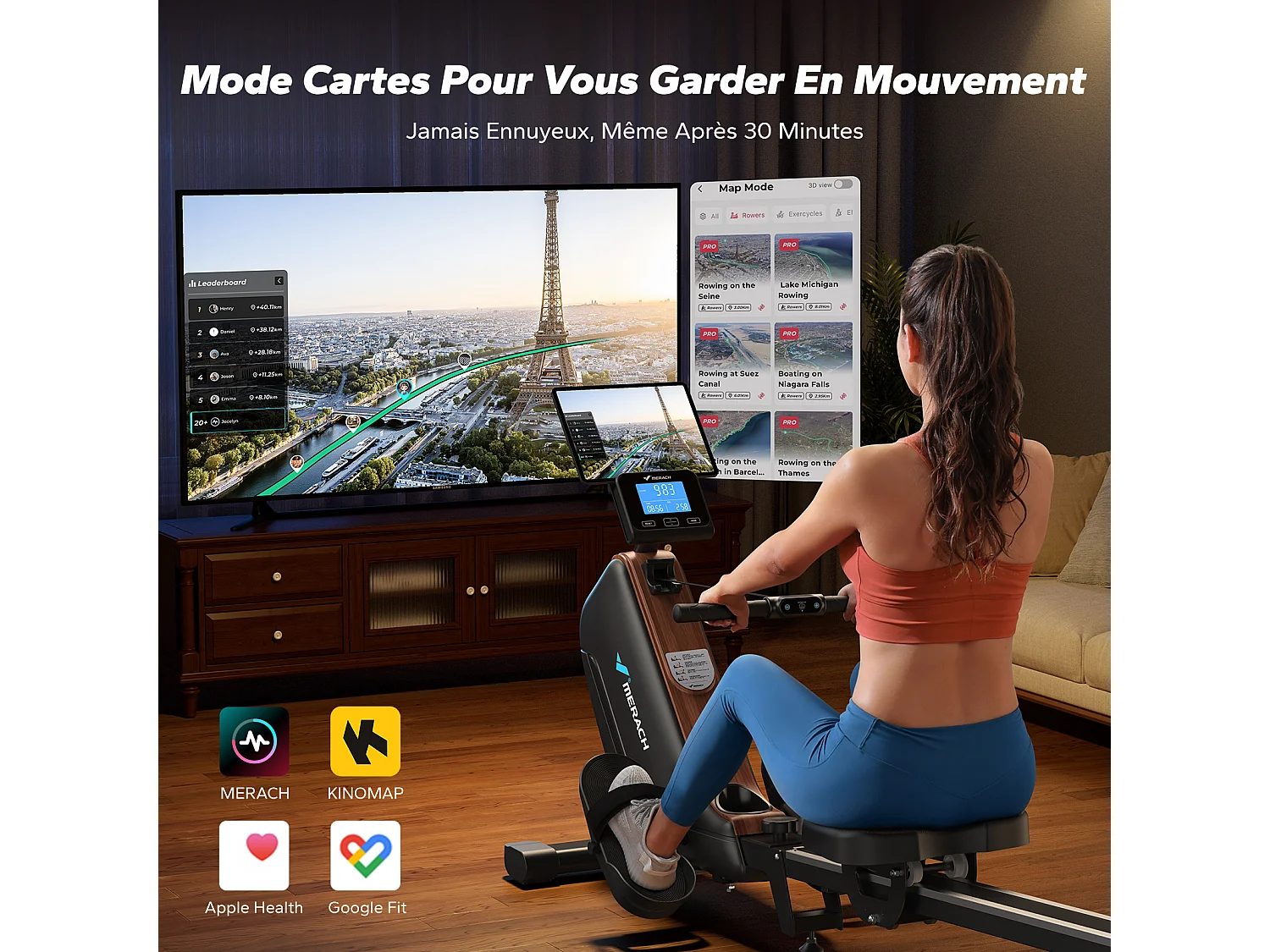 Rameur D'appartement - Merach, 16 Niveaux De Résistance Magnétique, Connecté App Zwift, Kinomap, Écran LCD, Max Charge 155 Kg
