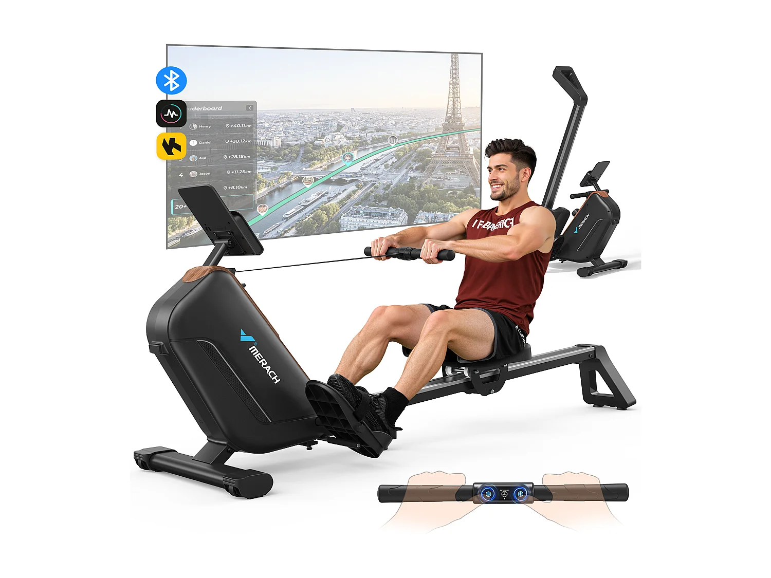 Remo Electromagnético MERACH, 16 Niveles, APP Conectado, BLUETOOTH, Pantalla LED, 150kg, Asiento Regulable, Plegable, Entrenamiento Completo