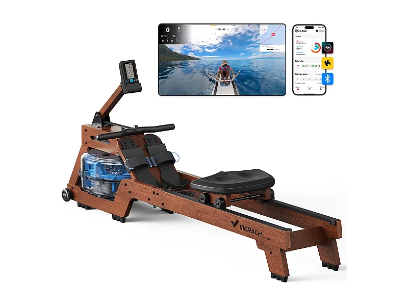 Vogatore ad acqua da appartamento Merach, sedile ergonomico, legno massiccio, compatibile Zwift e Kinomap, max carico 150 kg