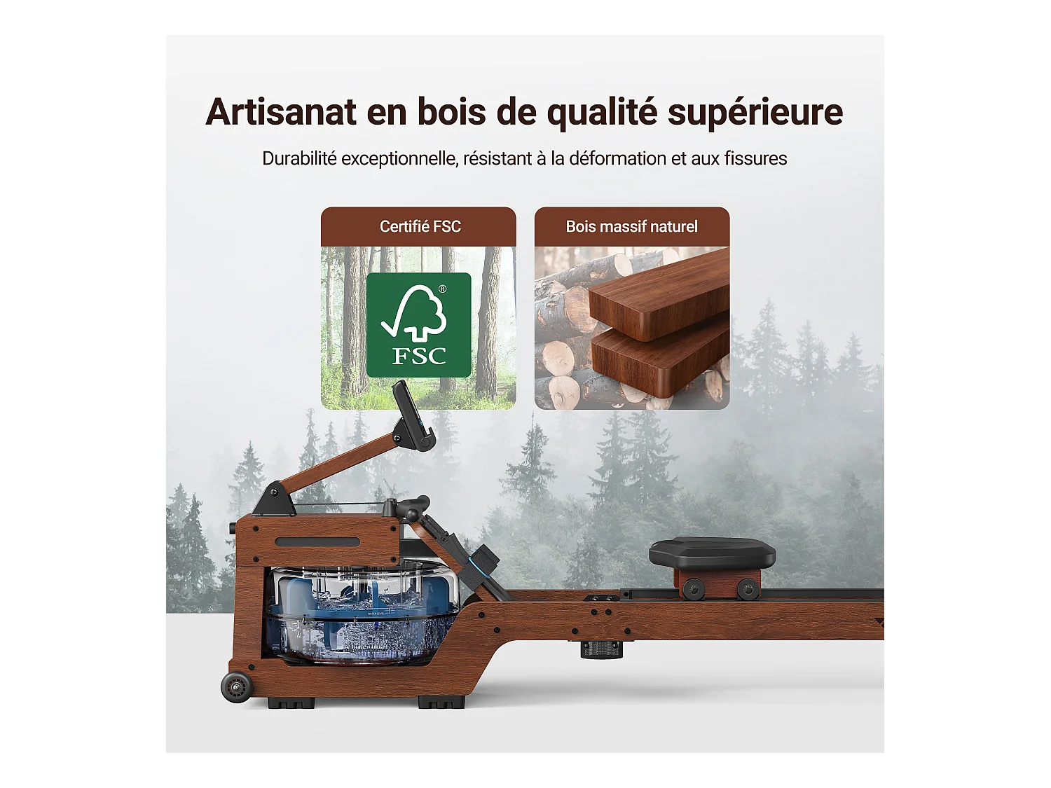 Rameur à eau MERACH, 22 L, 6 repères de remplissage, Bluetooth, Connectivité APP, Ecran LCD, Max 150 kg, Bois Massif foncé
