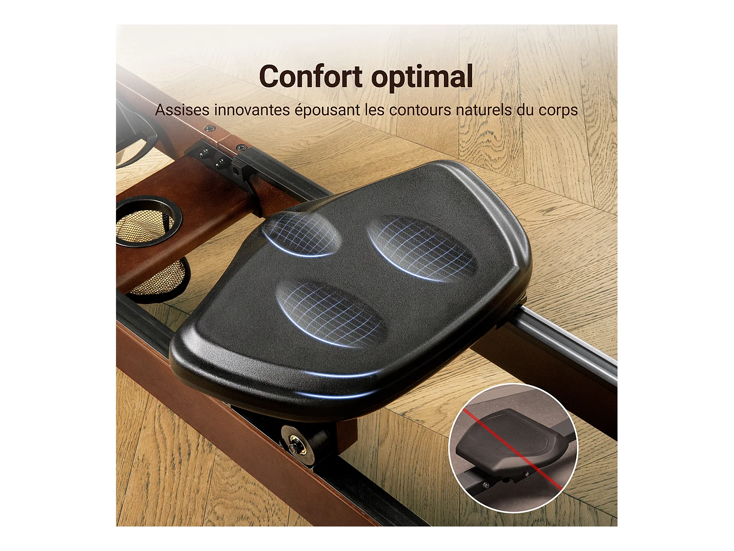 Rameur à eau MERACH, 22 L, 6 repères de remplissage, Bluetooth, Connectivité APP, Ecran LCD, Max 150 kg, Bois Massif foncé