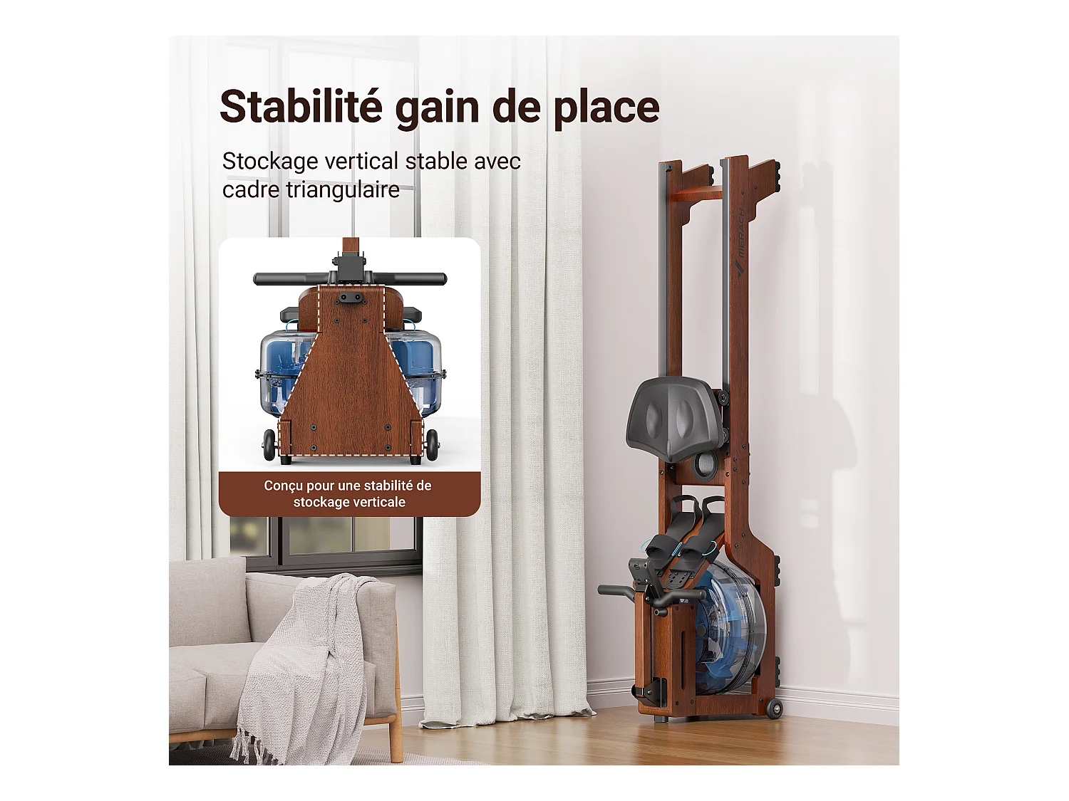 Rameur à eau MERACH, 22 L, 6 repères de remplissage, Bluetooth, Connectivité APP, Ecran LCD, Max 150 kg, Bois Massif foncé