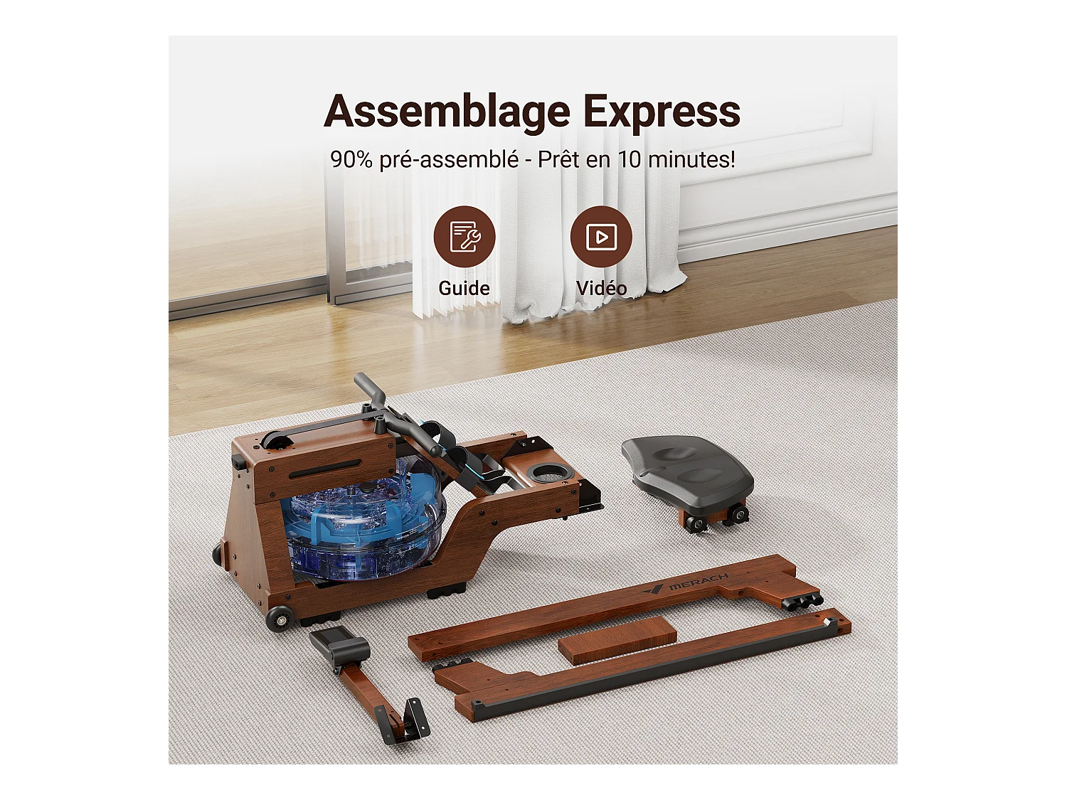 Rameur à eau MERACH, 22 L, 6 repères de remplissage, Bluetooth, Connectivité APP, Ecran LCD, Max 150 kg, Bois Massif foncé