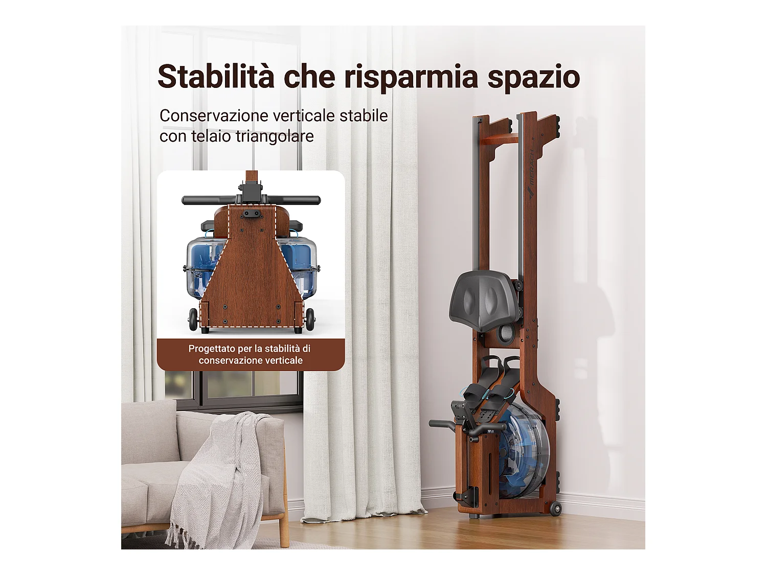 Rameur à eau MERACH, 22 L, 6 repères de remplissage, Bluetooth, Connectivité APP, Ecran LCD, Max 150 kg, Bois Massif foncé