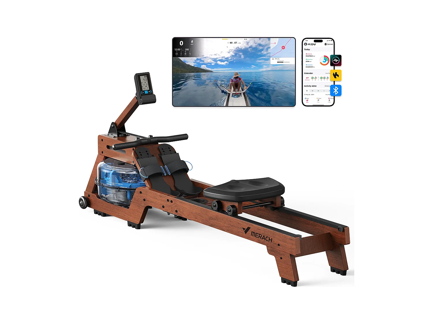 Vogatore ad acqua da appartamento Merach, sedile ergonomico, legno massiccio, compatibile Zwift e Kinomap, max carico 150 kg