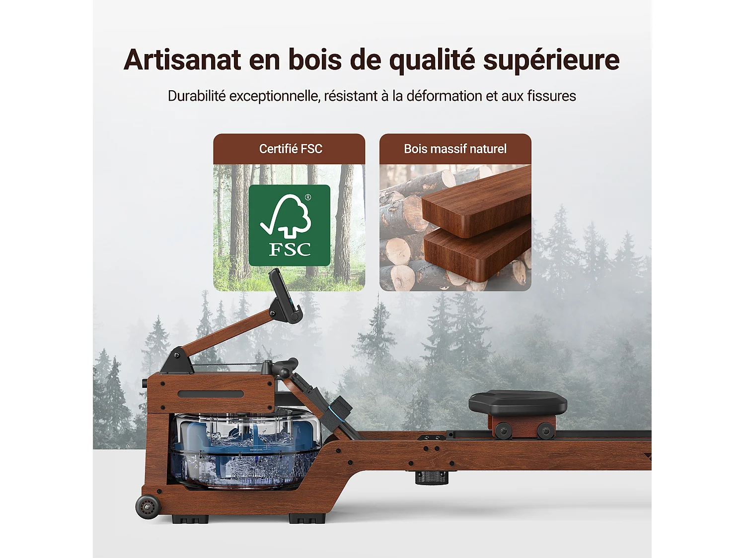 Rameur à eau MERACH, 22 L, 6 repères de remplissage, Bluetooth, Connectivité APP, Ecran LCD, Max 150 kg, Bois Massif foncé