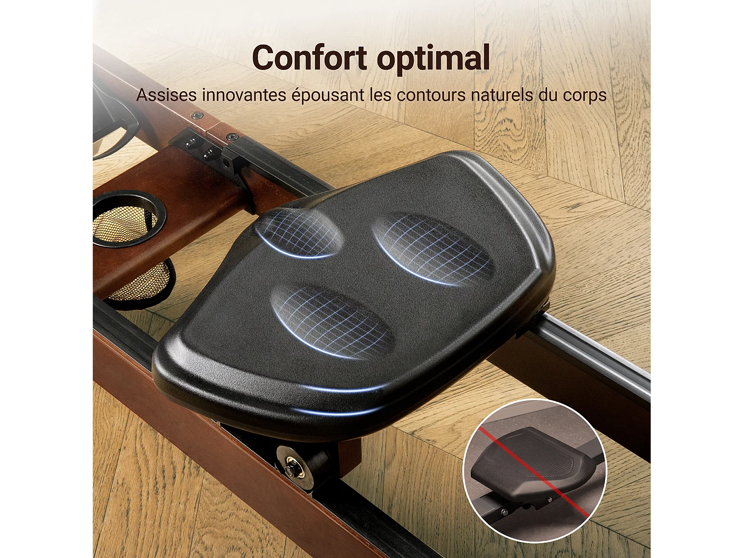 Rameur à eau MERACH, 22 L, 6 repères de remplissage, Bluetooth, Connectivité APP, Ecran LCD, Max 150 kg, Bois Massif foncé