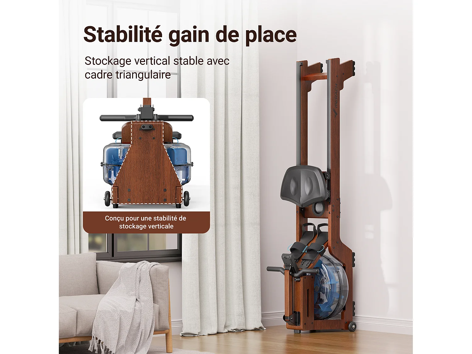 Rameur à eau MERACH, 22 L, 6 repères de remplissage, Bluetooth, Connectivité APP, Ecran LCD, Max 150 kg, Bois Massif foncé
