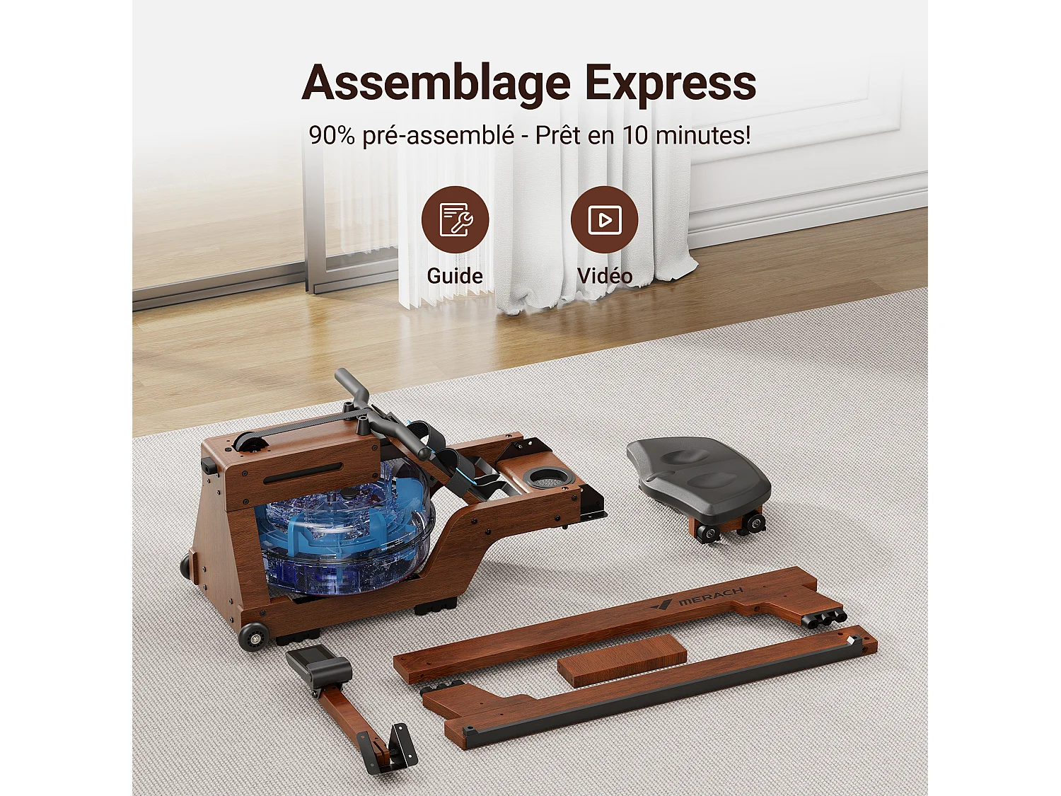 Rameur à eau MERACH, 22 L, 6 repères de remplissage, Bluetooth, Connectivité APP, Ecran LCD, Max 150 kg, Bois Massif foncé