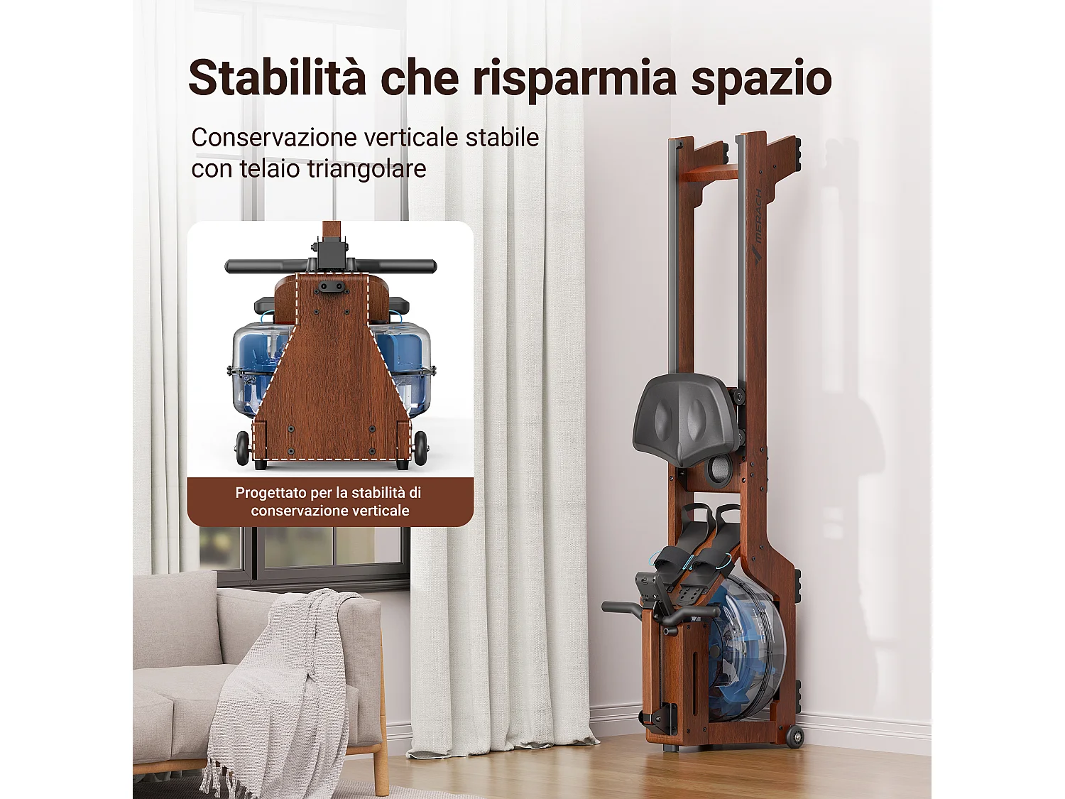 Rameur à eau MERACH, 22 L, 6 repères de remplissage, Bluetooth, Connectivité APP, Ecran LCD, Max 150 kg, Bois Massif foncé