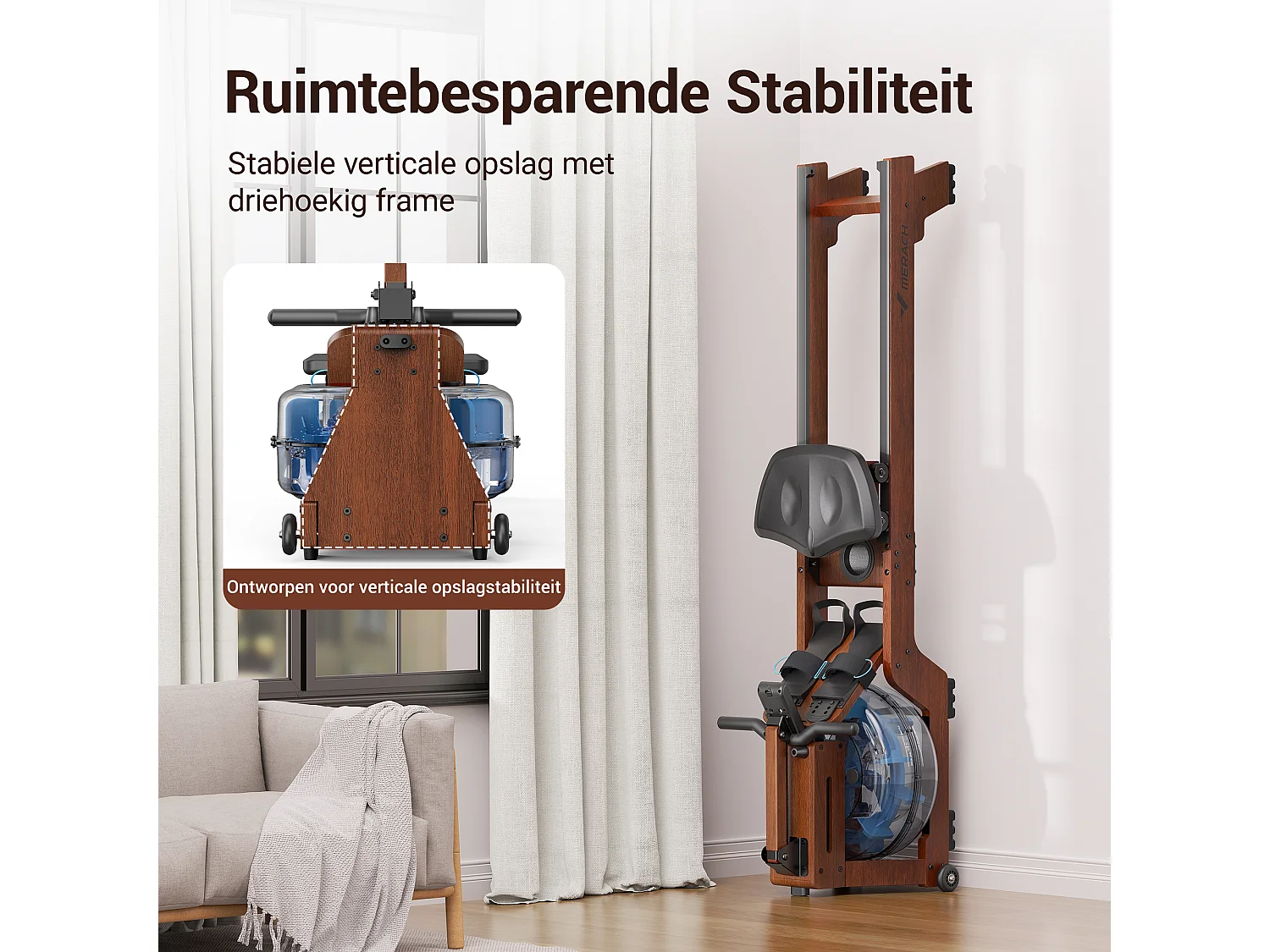 Rameur à eau MERACH, 22 L, 6 repères de remplissage, Bluetooth, Connectivité APP, Ecran LCD, Max 150 kg, Bois Massif foncé