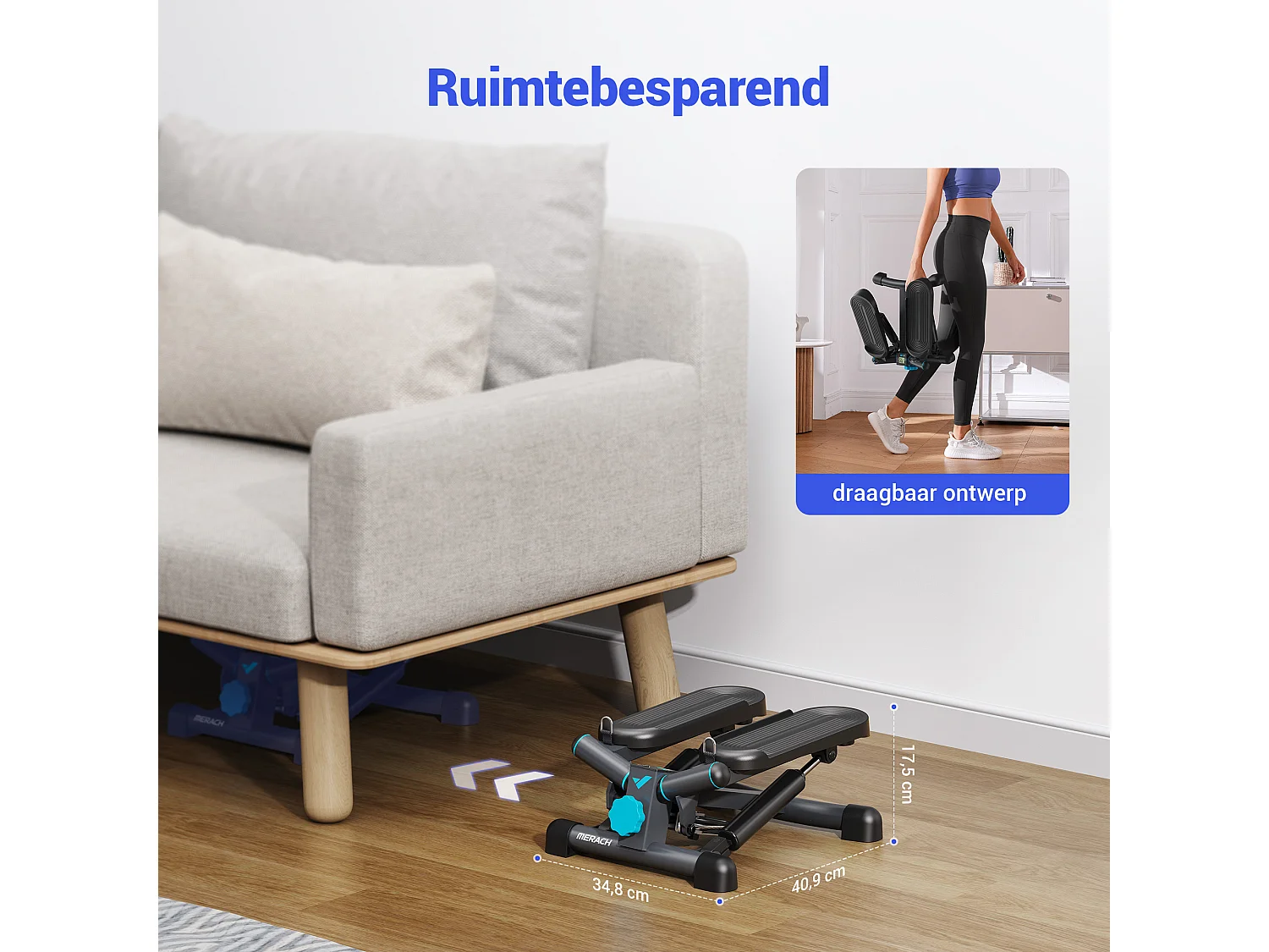 MERACH 2-in-1 Mini Stepper met LCD - Draaistapper en Zijstapper - Weerstandsbanden - Tot 150 kg - Voor Been-/Arm-/Biltraining - Zwart