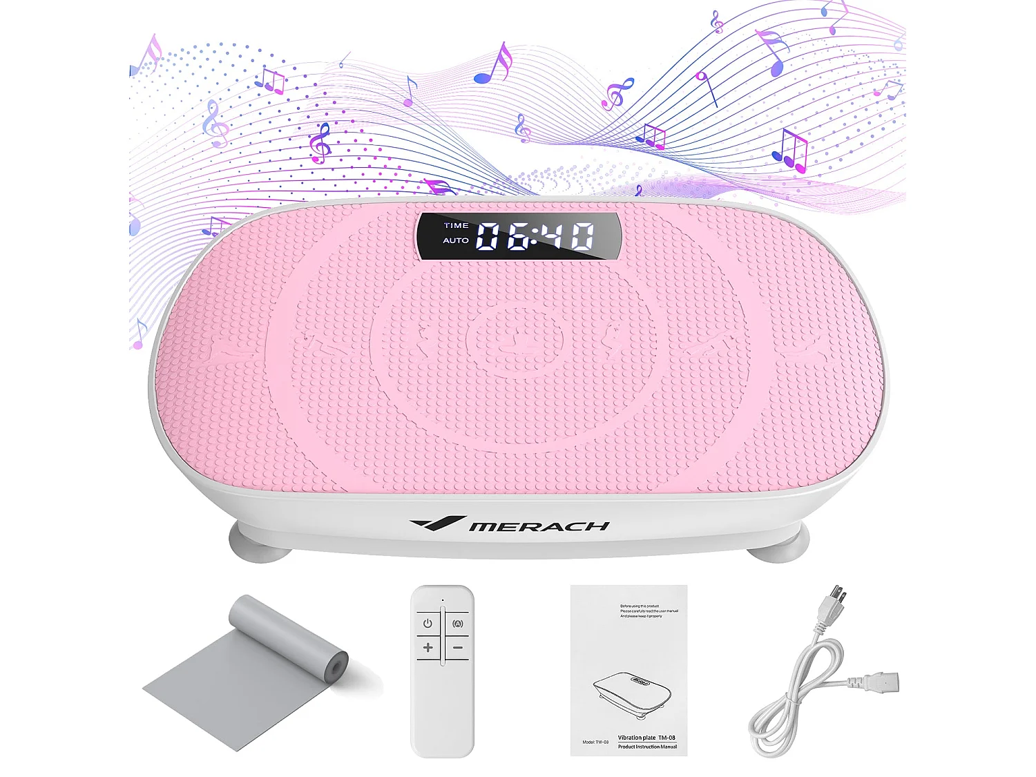 Plataforma Vibratoria Silenciosa MERACH, 11 Niveles, LED, Bluetooth, Altavoz Integrado, Control Remoto, Modo Manual/Automático, Máx 181kg, Rosa