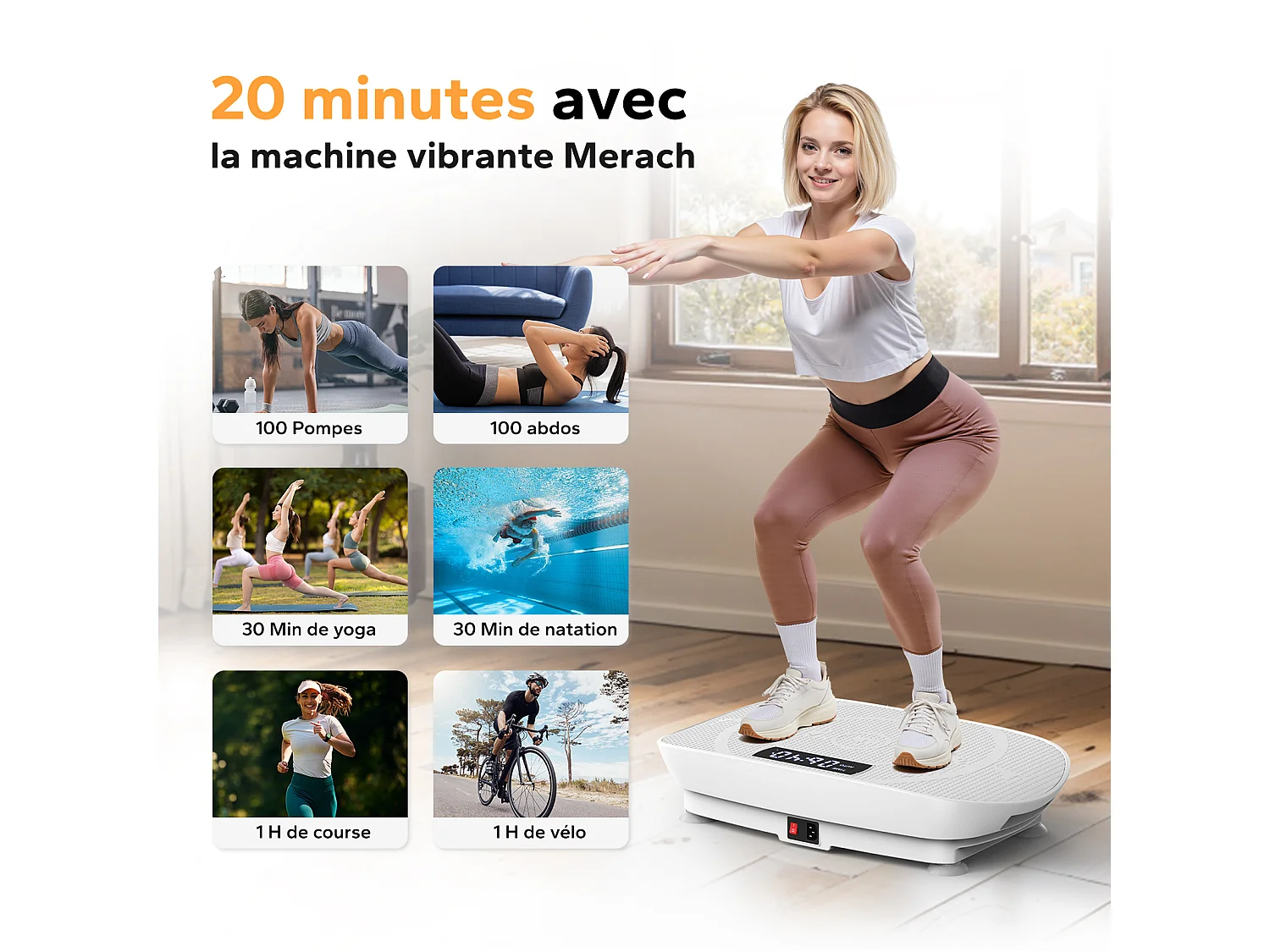 Plataforma Vibratoria Silenciosa MERACH, 11 Niveles, LED, Bluetooth, Altavoz Integrado, Control Remoto, Modo Manual/Automático, Máx 181kg, Rosa