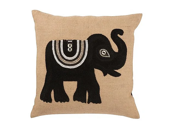 Cojín con elefante negro de algodón beige de 45x45x11 cm