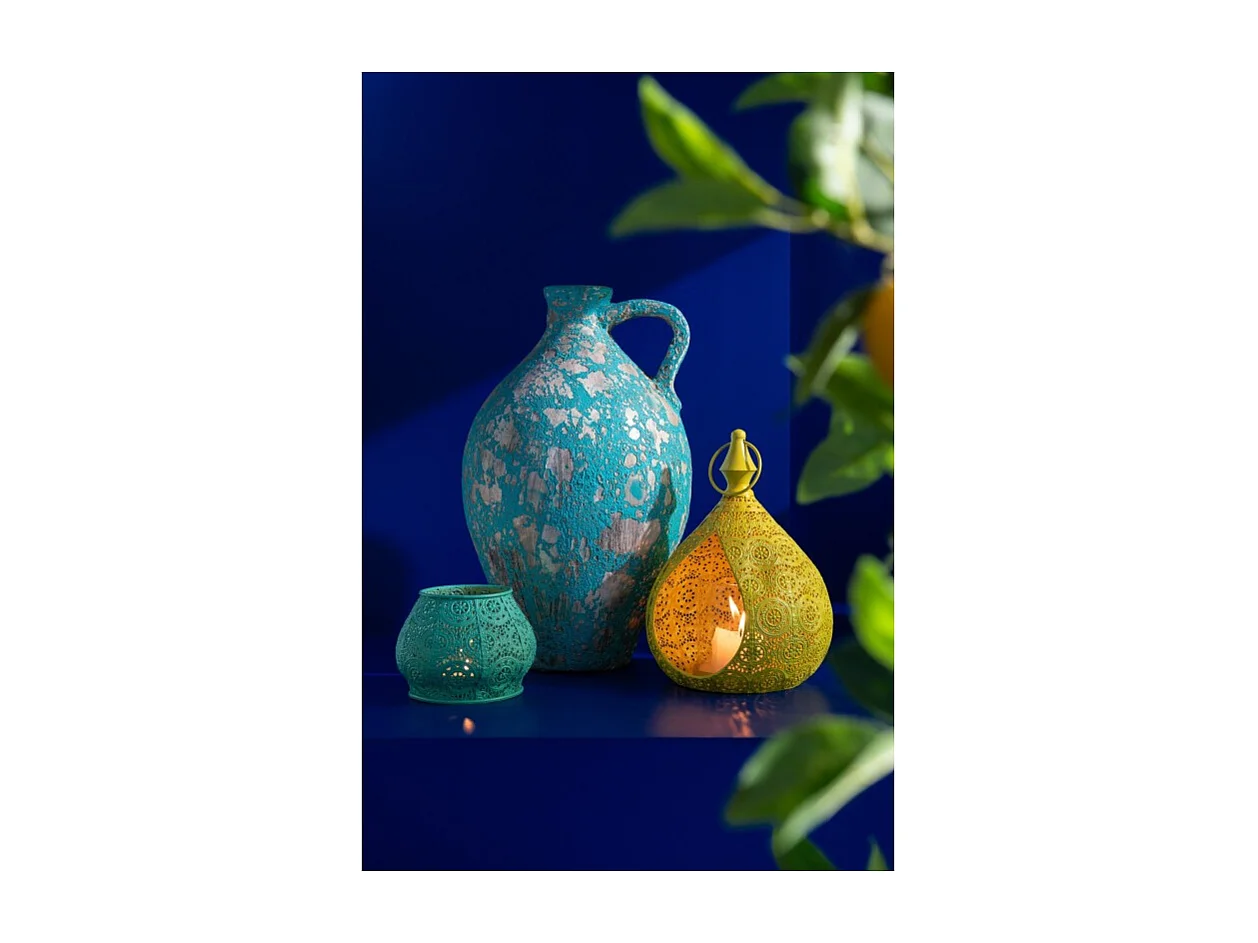 Portavelas de metal azul 13.5x13.5x10 cm