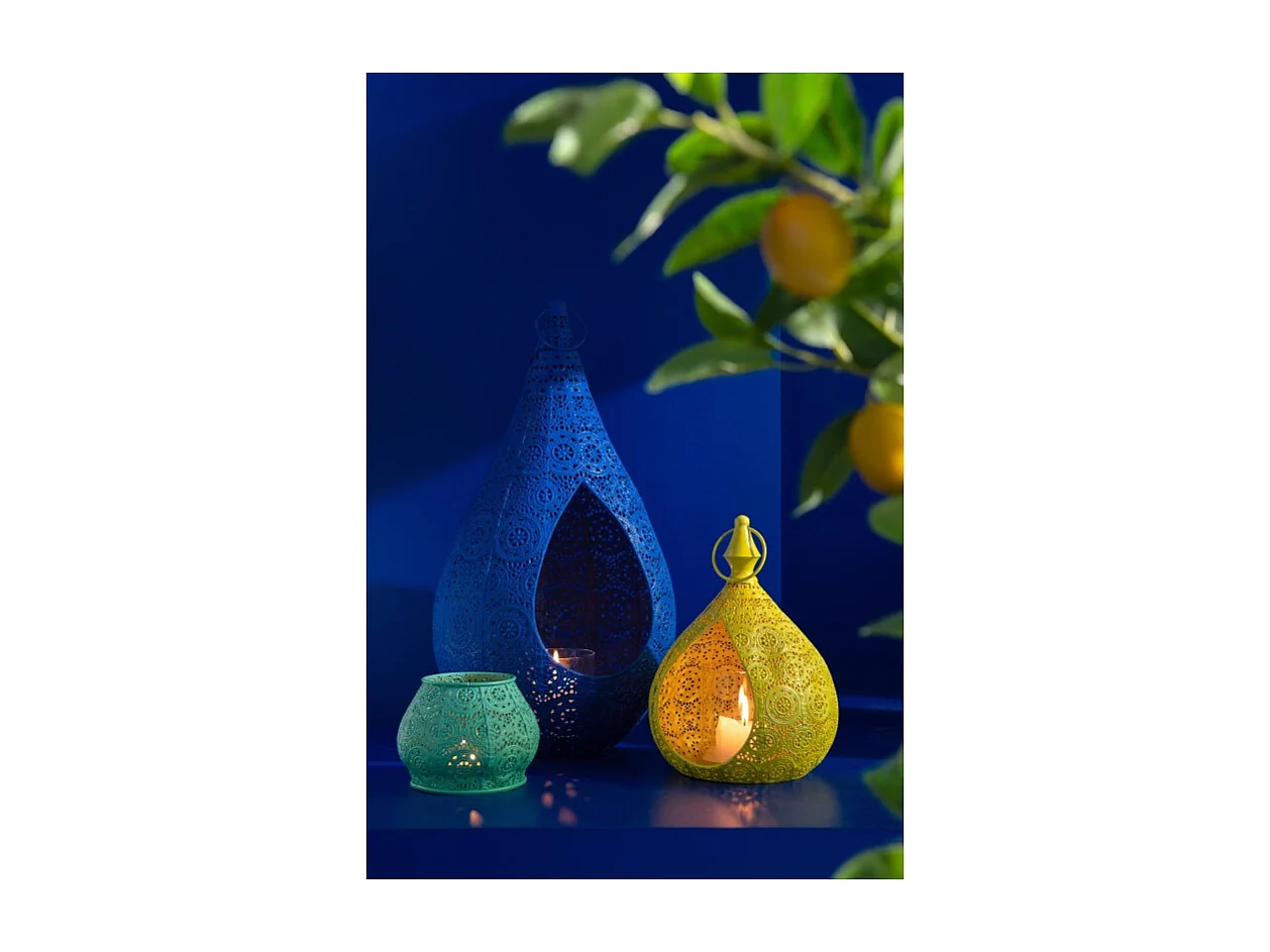 Portavelas de metal azul 13.5x13.5x10 cm