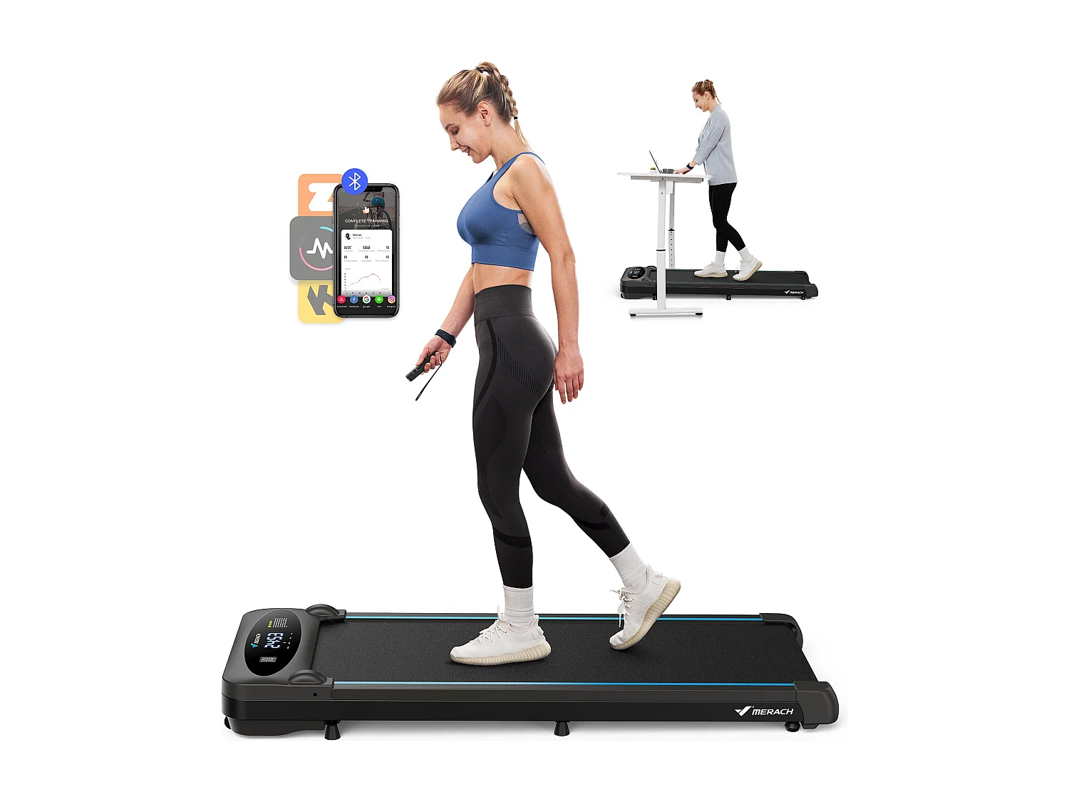 Tapis roulant, MERACH, 3 in 1, 1-6 km/h, 2,75 HP, app connessa, schermo LCD, con telecomando