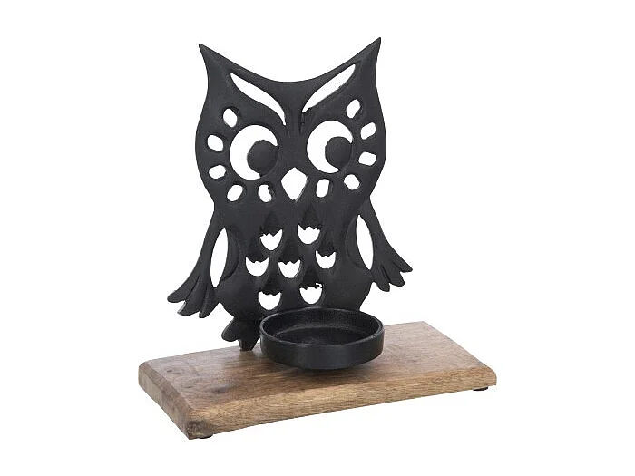 Portavelas búho en aluminio negro 21x15x9 cm