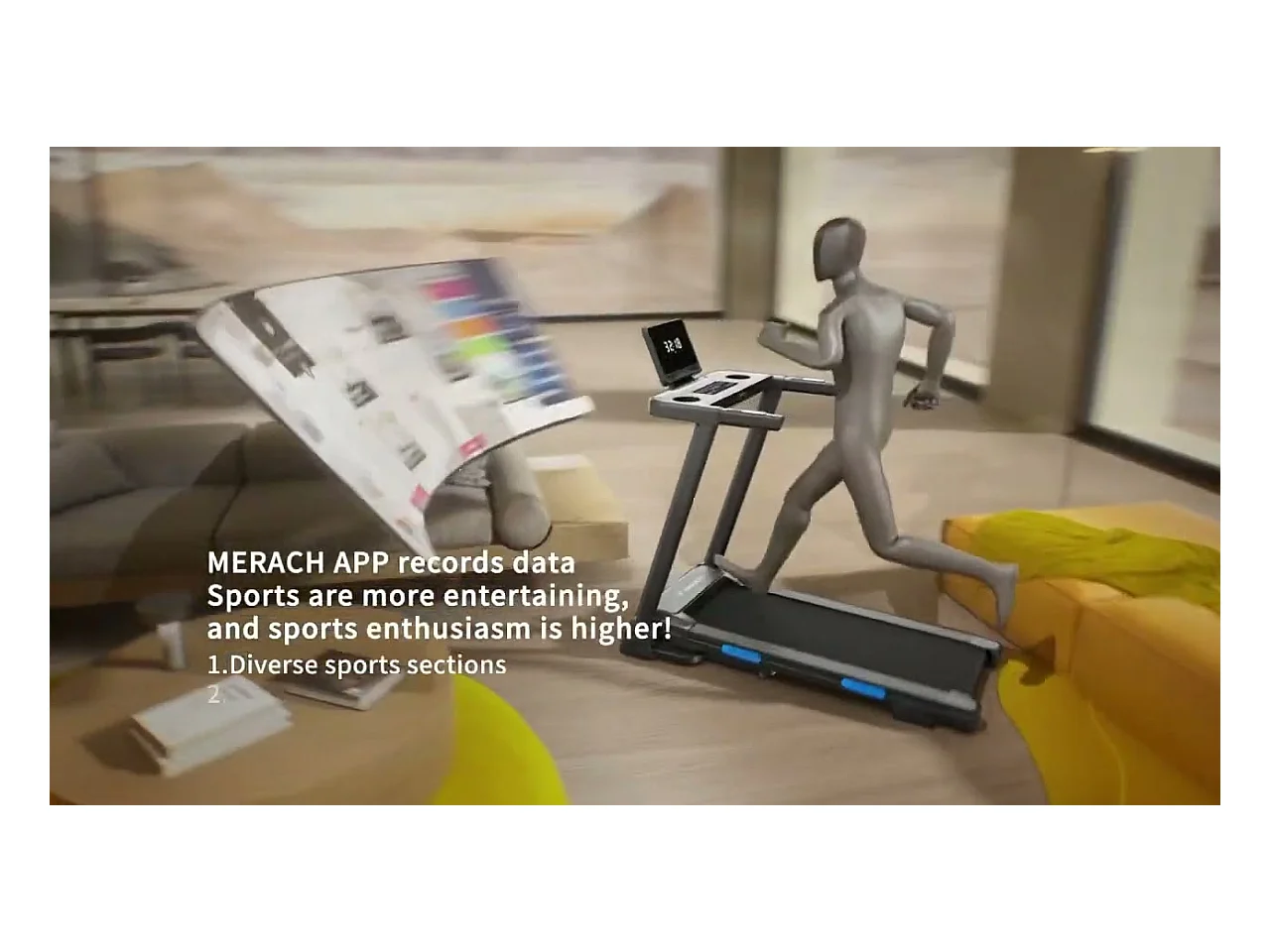 Tapis de Course Inclinable pour maison-Merach, 3 niveaux d'inclinaison réglables, 0.8~12 km/h, Compatible avec APP