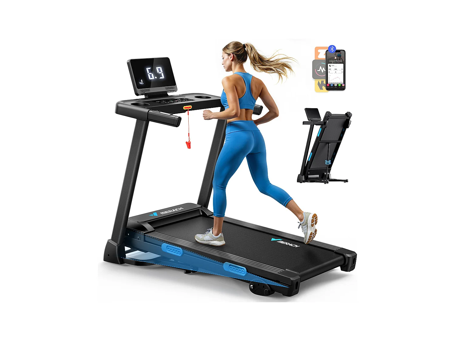 Tapis de Course Inclinable pour maison-Merach, 3 niveaux d'inclinaison réglables, 0.8~12 km/h, Compatible avec APP