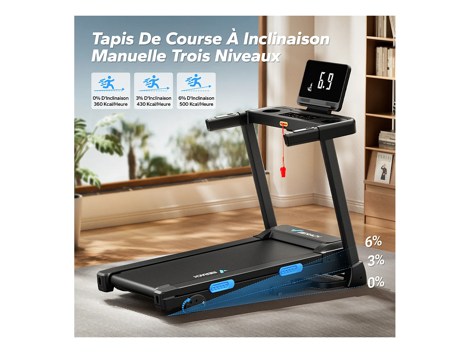 Tapis de Course Inclinable pour maison-Merach, 3 niveaux d'inclinaison réglables, 0.8~12 km/h, Compatible avec APP