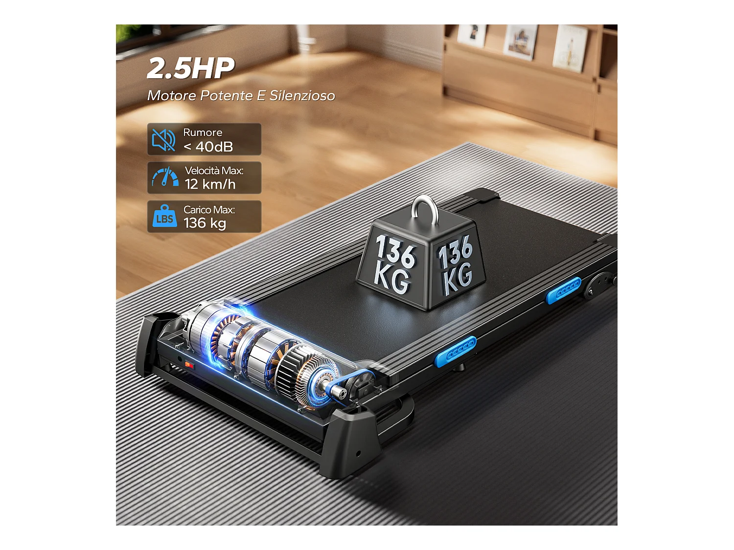 Tapis de Course Inclinable pour maison-Merach, 3 niveaux d'inclinaison réglables, 0.8~12 km/h, Compatible avec APP