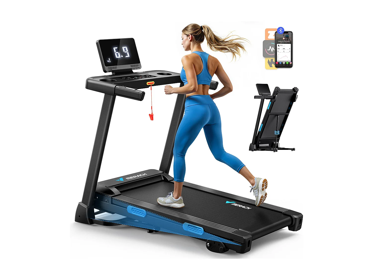 Tapis de Course Inclinable pour maison-Merach, 3 niveaux d'inclinaison réglables, 0.8~12 km/h, Compatible avec APP