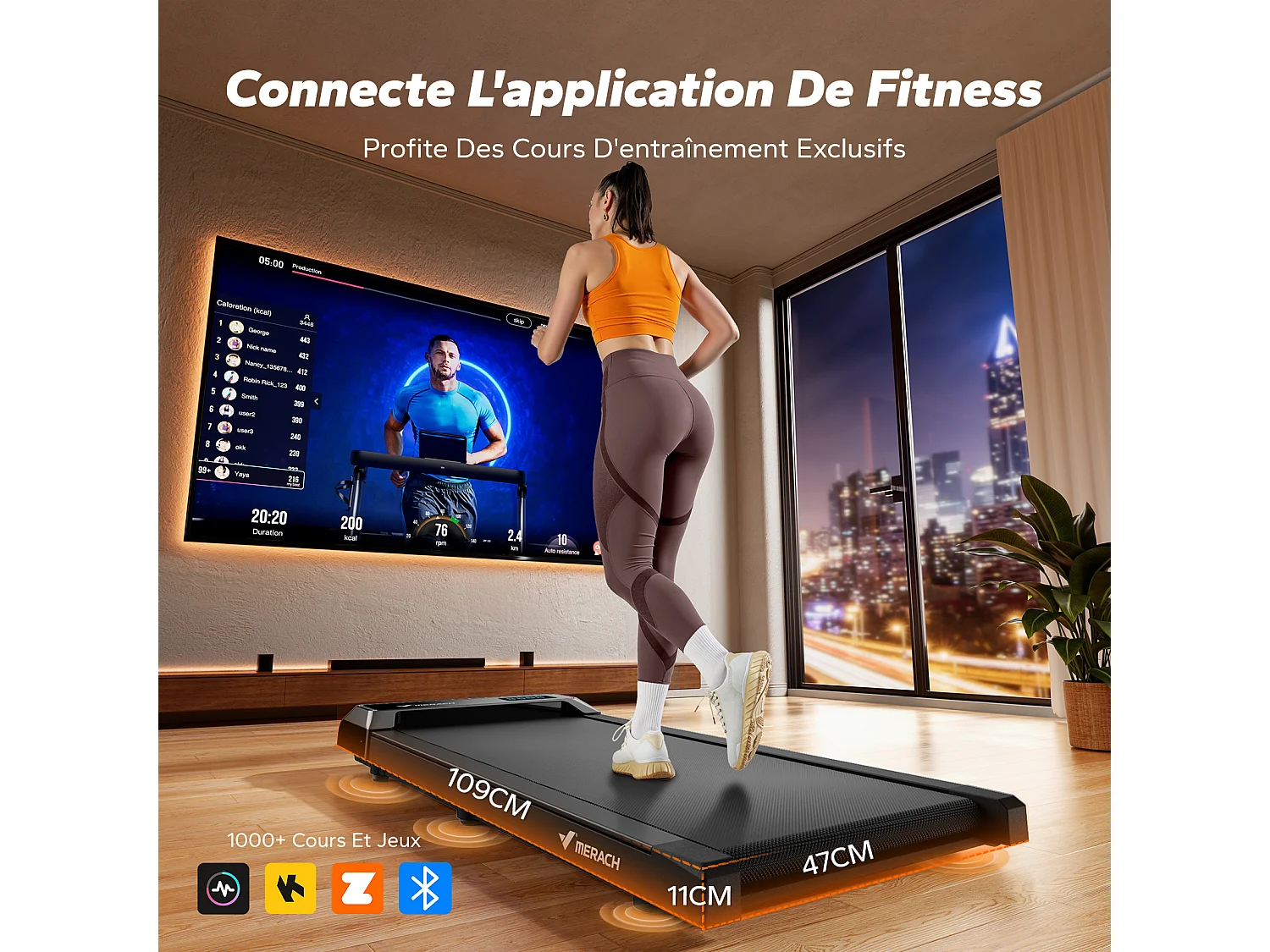 Tapis de Marche Électrique MERACH, 2.5CV Peak, Écran LED, APP Connecté, Télécommande, 120KG Max