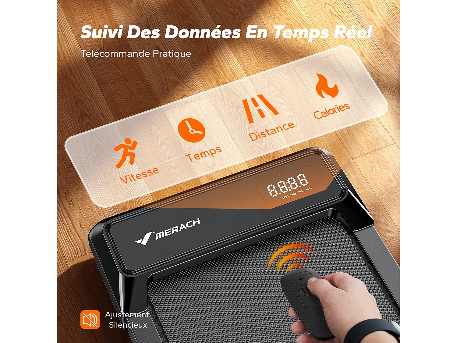 Tapis de Marche Électrique MERACH, 2.5CV Peak, Écran LED, APP Connecté, Télécommande, 120KG Max