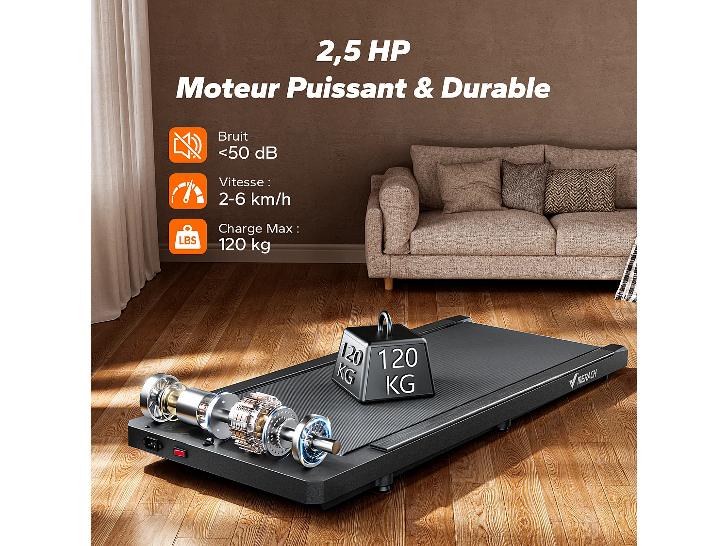 Tapis de Marche Électrique MERACH, 2.5CV Peak, Écran LED, APP Connecté, Télécommande, 120KG Max