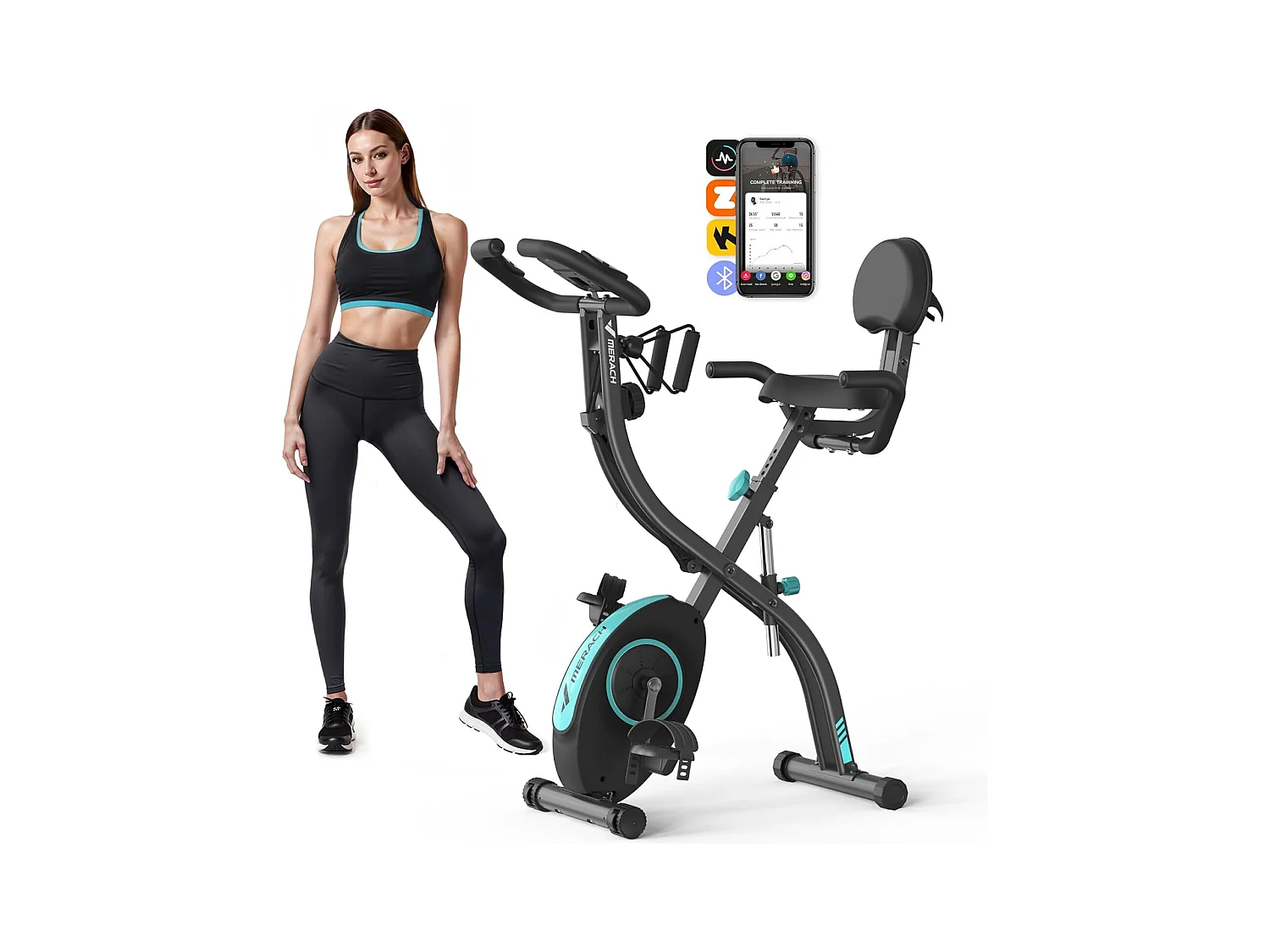 Vélo d’appartement 4 en 1 Pliable MERACH, 16 Niveaux de Résistance Magnétique, Avec capteur de fréquence cardiaque, Compatible Kinomap & Zwift, Noir