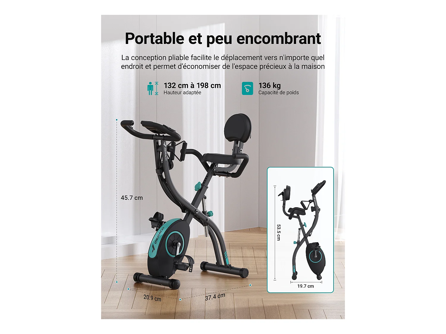 Vélo d’appartement 4 en 1 Pliable MERACH, 16 Niveaux de Résistance Magnétique, Avec capteur de fréquence cardiaque, Compatible Kinomap & Zwift, Noir