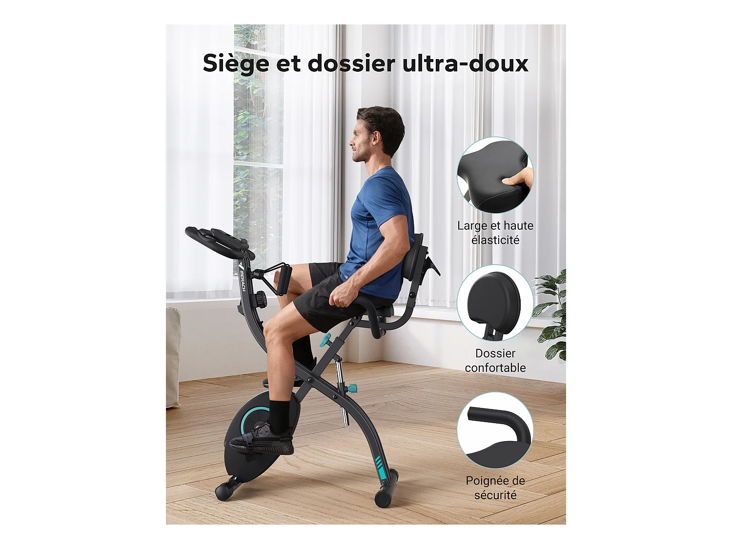 Vélo d’appartement 4 en 1 Pliable MERACH, 16 Niveaux de Résistance Magnétique, Avec capteur de fréquence cardiaque, Compatible Kinomap & Zwift, Noir