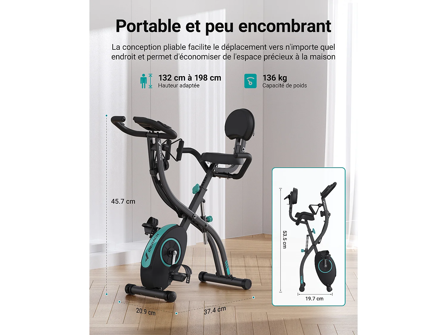 Vélo d’appartement 4 en 1 Pliable MERACH, 16 Niveaux de Résistance Magnétique, Avec capteur de fréquence cardiaque, Compatible Kinomap & Zwift, Noir