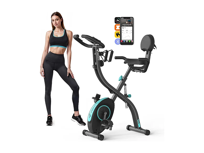 Vélo d’appartement 4 en 1 Pliable MERACH, 16 Niveaux de Résistance Magnétique, Avec capteur de fréquence cardiaque, Compatible Kinomap & Zwift, Noir