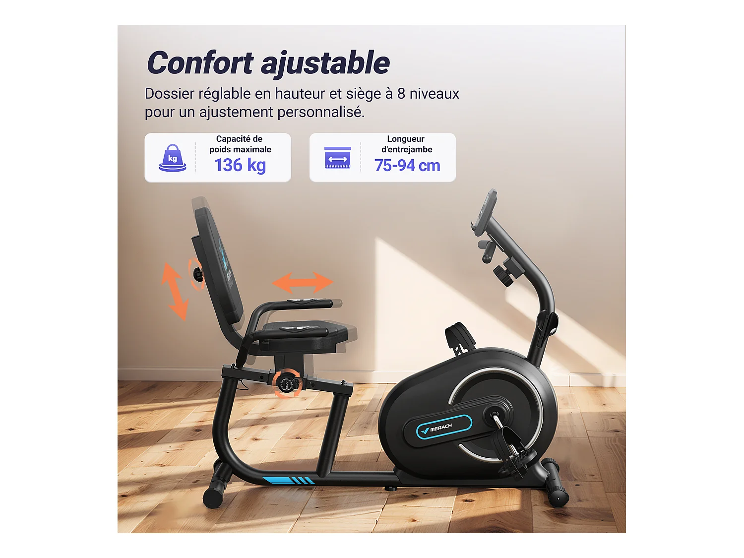 Liegeergometer für Zuhause – 8 Widerstandsstufen, leise & komfortabel, App & Herzfrequenzsensoren, LCD-Monitor, verstellbare Rückenlehne, bis 136 kg