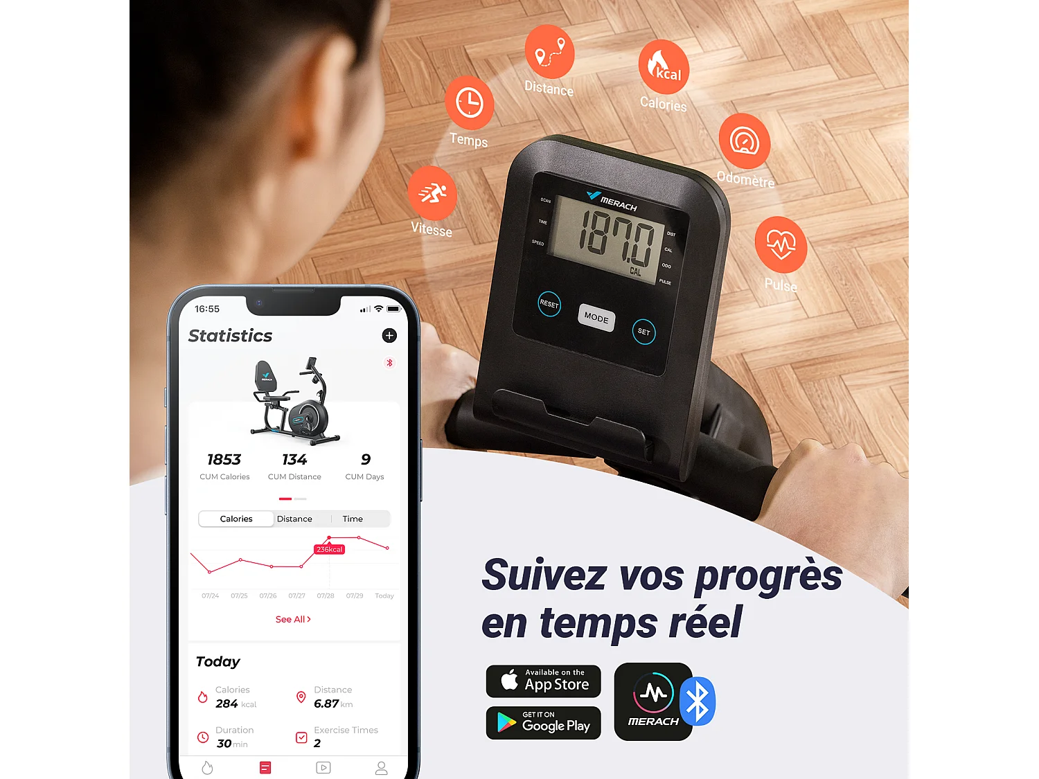 Vélo D'appartement Semi-allongé Magnétique - Merach, 8 Niveaux De Résistance, Écran LCD, Poignées De Fréquence Cardiaque