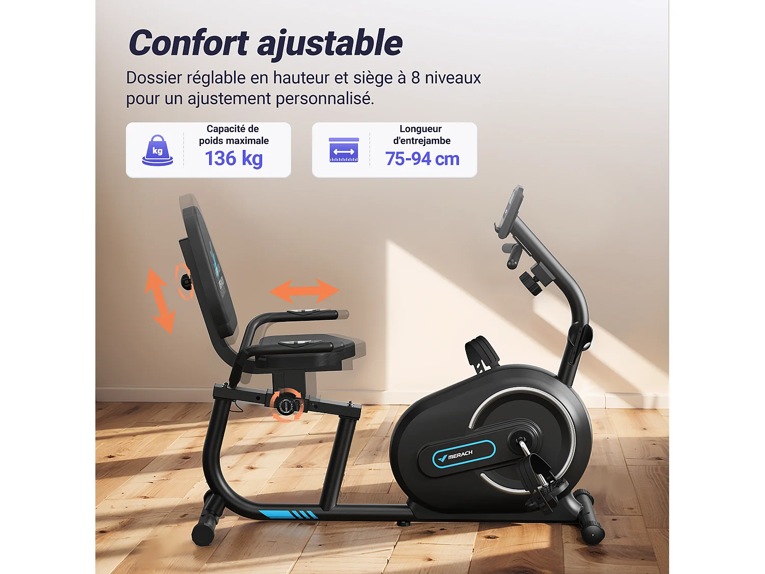 Vélo D'appartement Semi-allongé Magnétique - Merach, 8 Niveaux De Résistance, Écran LCD, Poignées De Fréquence Cardiaque