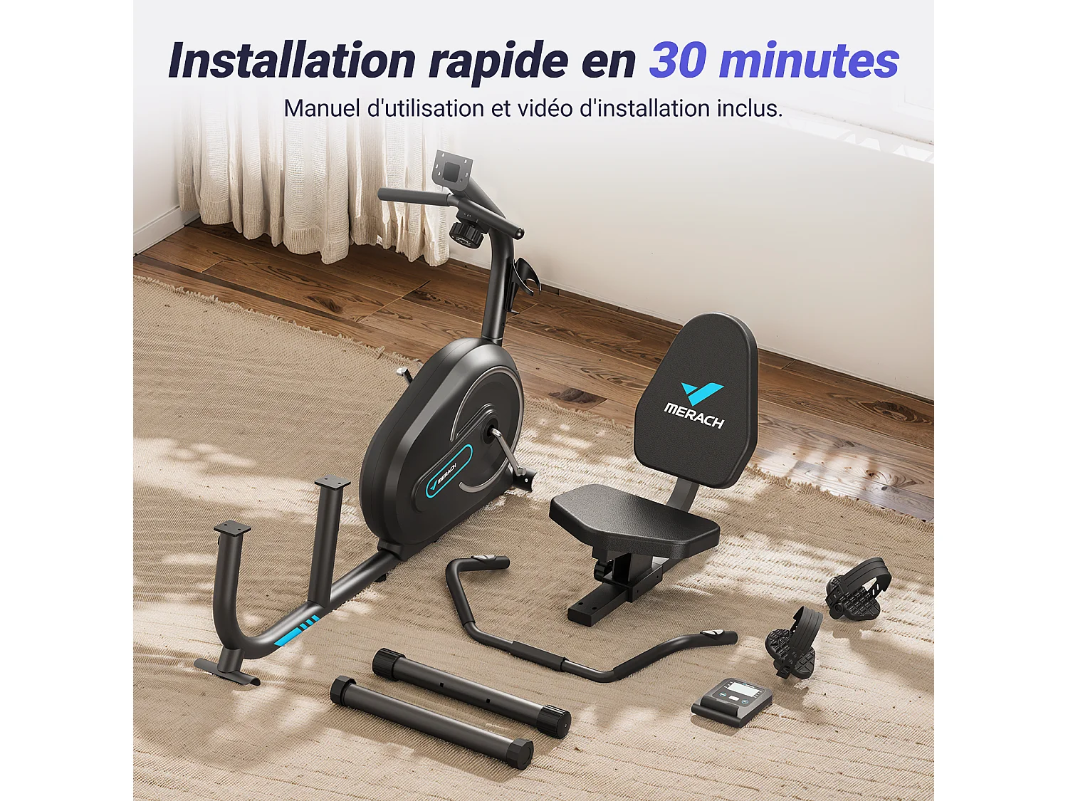 Vélo D'appartement Semi-allongé Magnétique - Merach, 8 Niveaux De Résistance, Écran LCD, Poignées De Fréquence Cardiaque