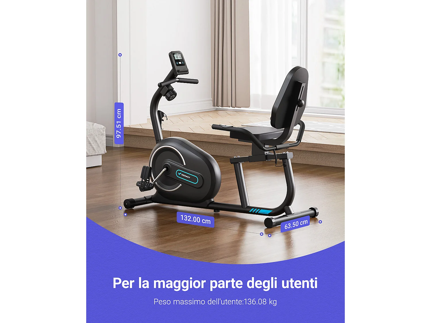 Vélo D'appartement Semi-allongé Magnétique - Merach, 8 Niveaux De Résistance, Écran LCD, Poignées De Fréquence Cardiaque